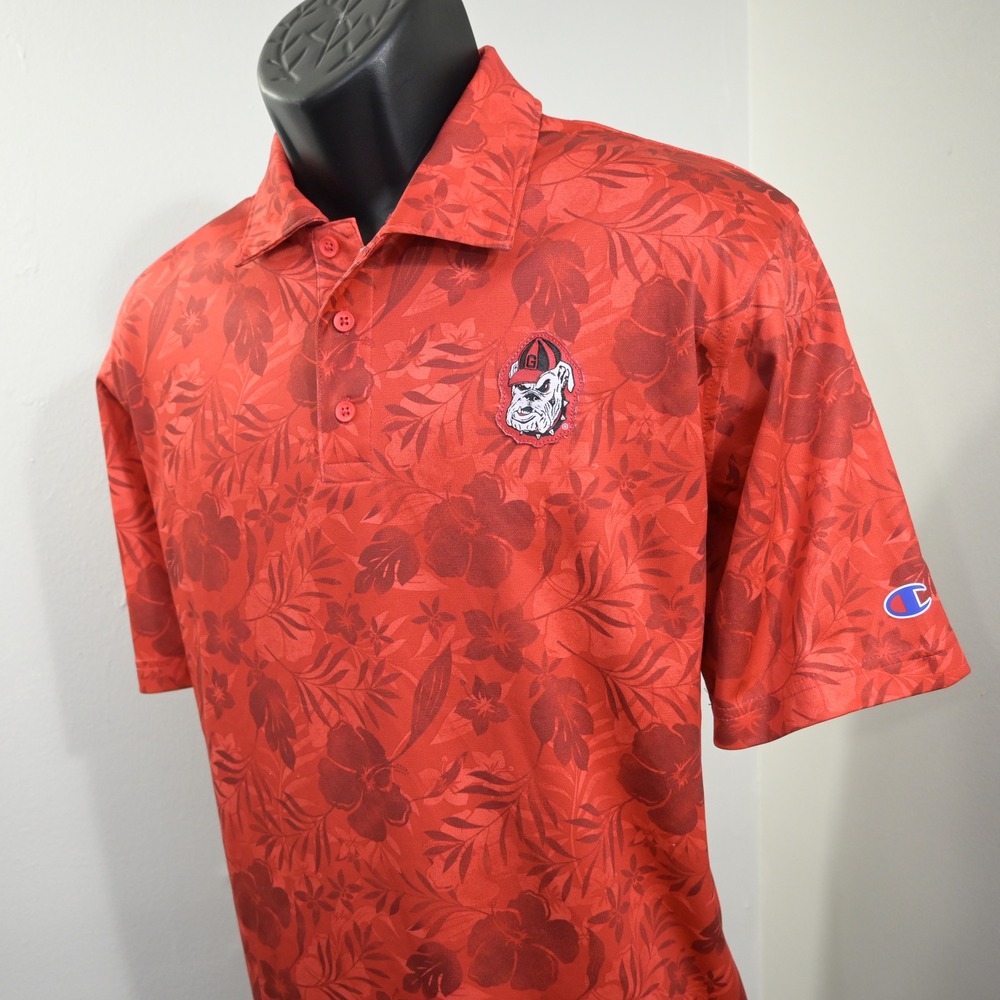 Champion Georgia Bulldogs Polo Shirt Mens Large Red Floral Print Short Sleeve